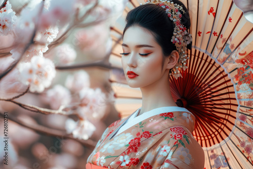 model wearing a kimono and a fan in a temple with a cherry blossom