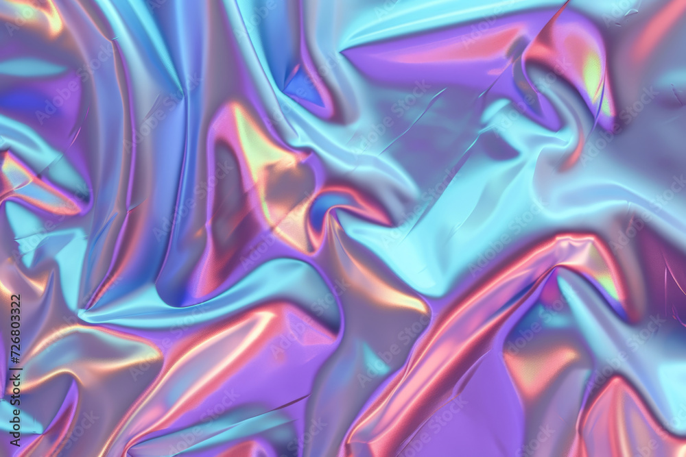 Vivid metallic folds creating a fluid abstract pattern with pink, blue, and purple iridescent hues. Vivid metallic folds creating a fluid abstract pattern with pink, blue, and purple iridescent hues.