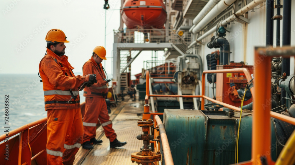 On the deck of a cargo ship crew members conduct routine checks and maintenance of safety equipment in accordance with maritime regulations for oil and gas transport.