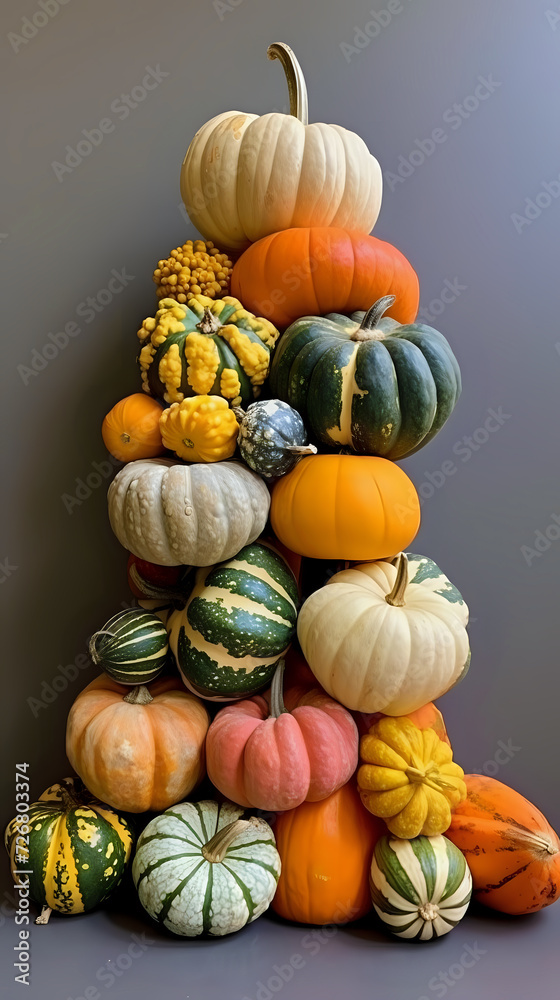 Variety of Pumpkins and Gourds

A colorful and diverse array of pumpkins and gourds stacked, perfect for fall festivities and decorative autumn themes.

