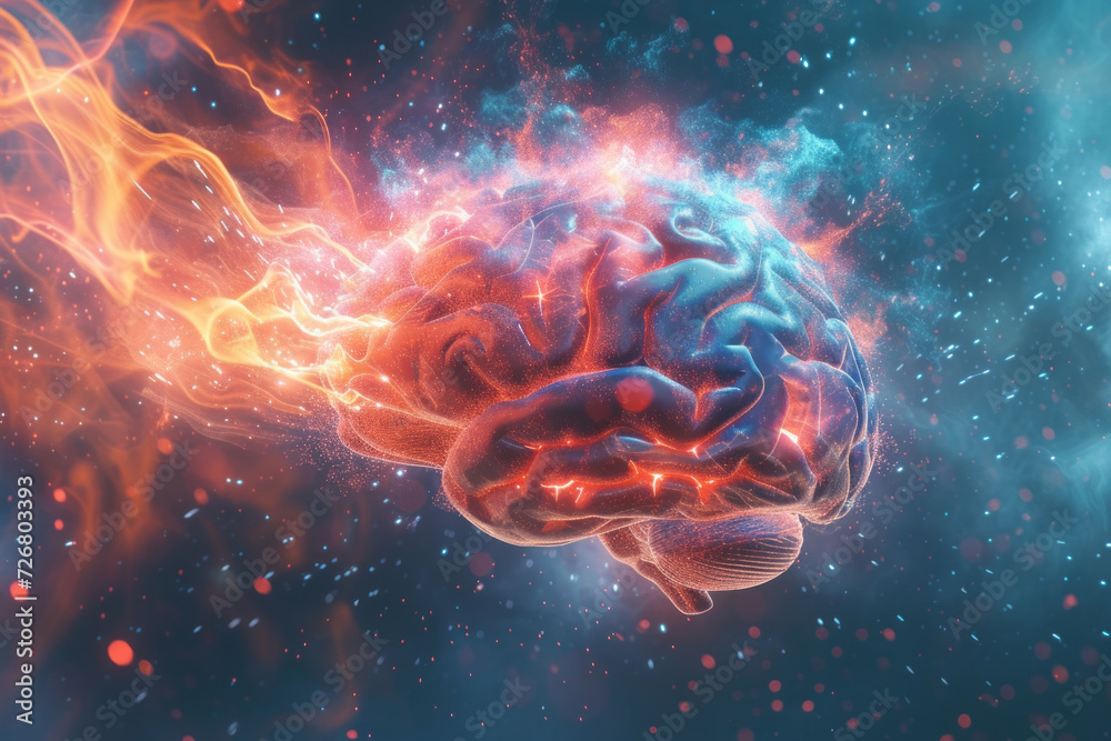 A brain with a flashy light coming out of it in a composition that ...