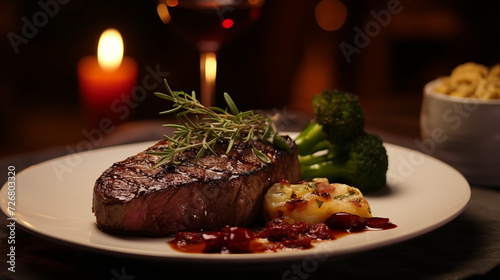 A Portrait of a juicy Tenderloin Steak next to sides, WIne on the Table. Cozy and warm atmosphere.