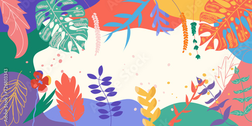 Abstract summer design-background with multicolored tropical leaves and flowers  dots. Colorful vector illustration done in green  beige  orange  yellow  violet colors. For cards  banners  wallpaper