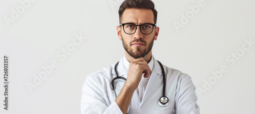 A doctor wearing glasses is posing on a white background, presented in the style of bold yet graceful and calculated. photo