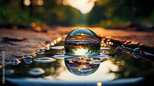 Forest Reflections Captured in a Crystal Ball. A crystal ball on a serene forest floor, reflecting the verdant trees and tranquil ambiance, ideal for themes of nature, reflection, and tranquility.