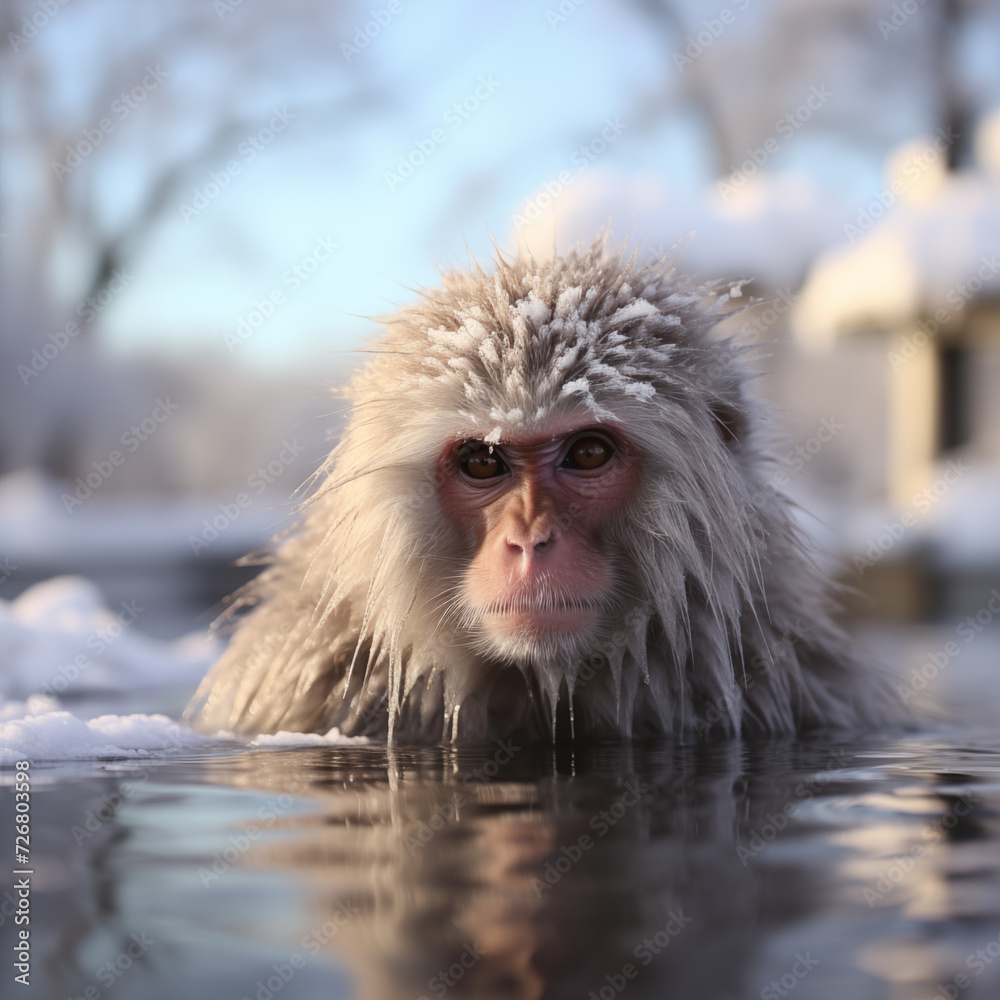 Naklejka premium Japanese macaque soaking in hot spring