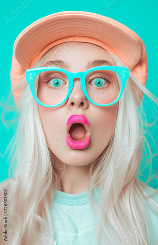A beautiful teenager girl with pink and blue eye glasses, a hat, and white hair in an energetic frenzy style, showcasing dynamic and exaggerated facial expressions.