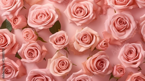 A beautiful spread of blush pink roses arranged on a pastel pink background  highlighting their perfect spirals and soft petals