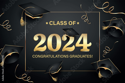  Vector illustration. Class of 2024 badge design template in black and gold colors. Congratulations graduates 2024 banner sticker card with academic hat for high school or college graduation