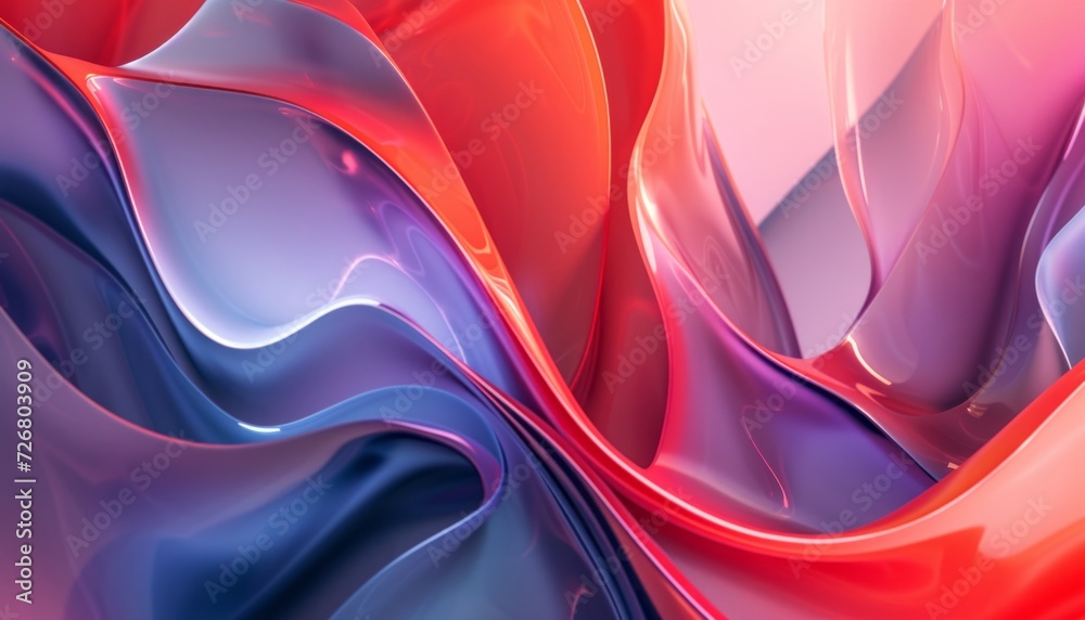 An abstract wallpaper features colored waves, with light red and indigo hues, detailed forms, and streamlined shapes.