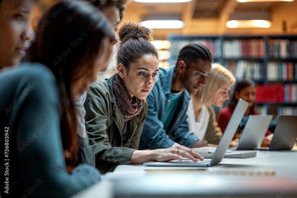 Group of People Working on Laptops in a Library. Generative AI. Group of People Working on Laptops in a Library. Generative AI.