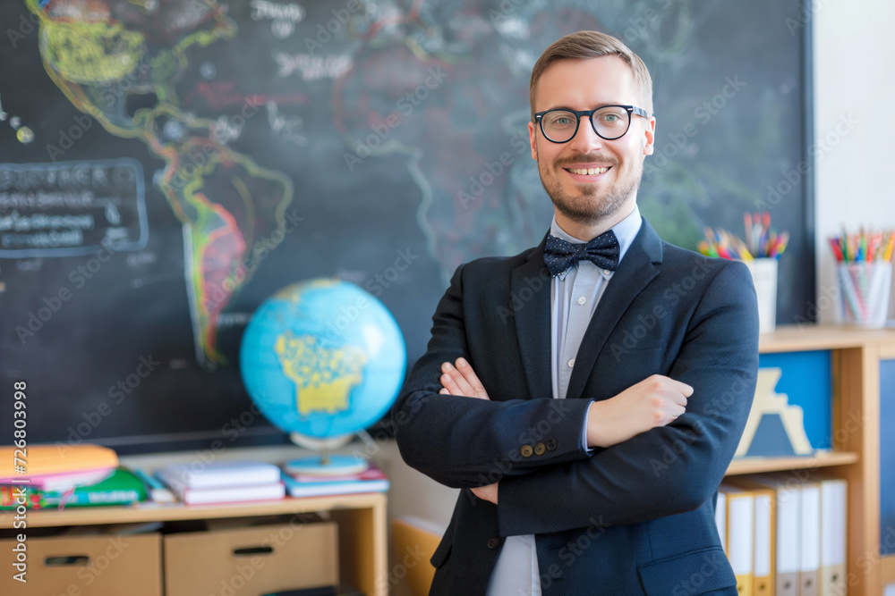 A confident male teacher with glasses and a bow tie stands in a classroom with a map in the background. A confident male teacher with glasses and a bow tie stands in a classroom with a map in the background.