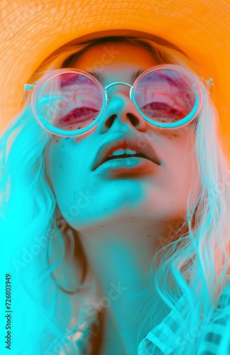 A beautiful teenager girl with pink and blue eye glasses, a hat, and white hair in an energetic frenzy style, showcasing dynamic and exaggerated facial expressions. photo