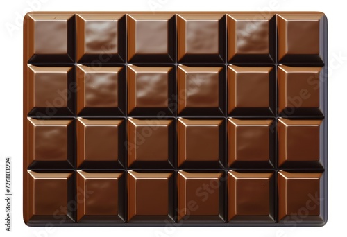 A square chocolate bar, isolated on white, is meticulously arranged in a symmetrical grid. photo