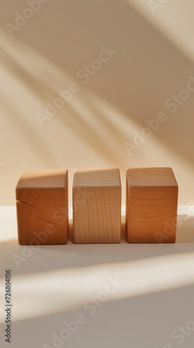 Six wooden blocks arranged in a row, presented in the style of light orange and light beige, conceptual minimalism, colorized, and minimalist photography. photo