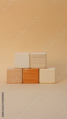 Six wooden blocks arranged in a row, presented in the style of light orange and light beige, conceptual minimalism, colorized, and minimalist photography.