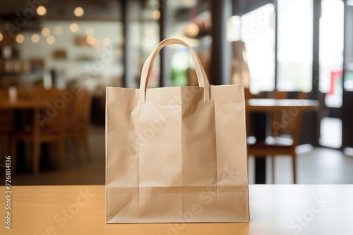 Eco-Friendly Brown Paper Shopping Bag on Wooden Table in Cozy Cafe Ambience