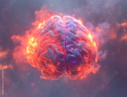 A 3D brain with a flare in surrealism style, featuring light red and light indigo colors, and vivid energy explosions representing kinetic energy.