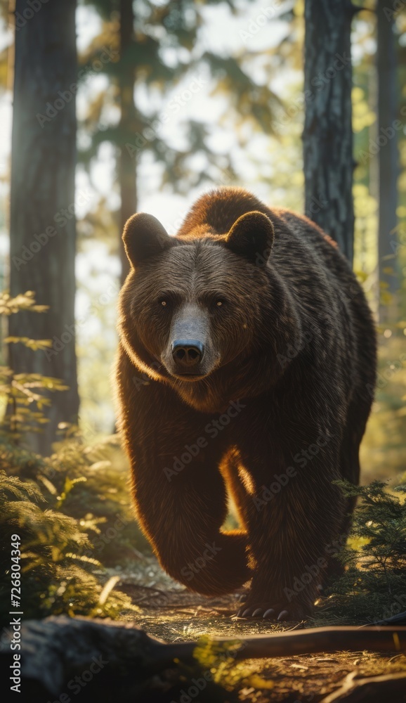 Fototapeta premium A brown bear is seen walking through the forest, presented in the style of detailed atmospheric portraits, Vray, landscape photography, and golden light.