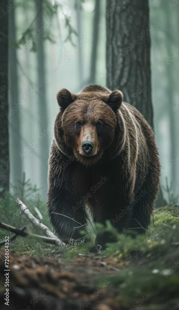 A brown bear is photographed walking through the forest, presented in the style of realistic still lifes with dramatic lighting, soft mist
