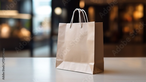 A shopping bag placed in front of a subtly blurred background, creating a sense of depth and drawing attention to the bag
