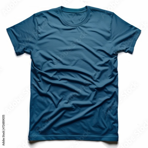 A men's blue t-shirt is placed on a white background, depicted in a style that features dark teal color, smooth curves, pure color