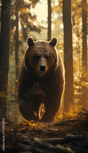 A brown bear is seen walking through the forest, presented in the style of detailed atmospheric portraits, Vray, landscape photography, and golden light.