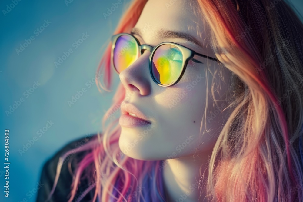 A stock photo shows a young woman with colorful hair and glasses, presented in the style of digital gradient blends and colorized.