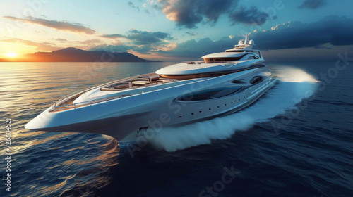 A majestic yacht gliding across the ocean its sophisticated gyroscopic stabilization keeping it level and stable even as it hits high speeds. photo