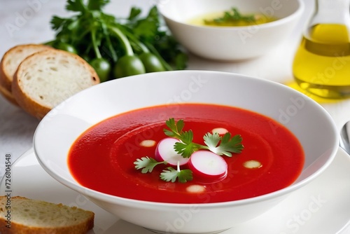 Bright red gazpacho served in a white bowl decorated with thin slices of radish, parsley and extra virgin olive oil.