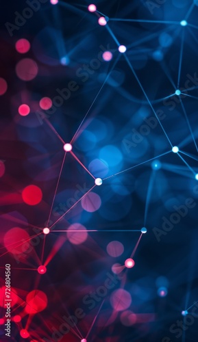 White and red dots connected to a blue background, presented in the style of intertwined networks, dark, foreboding colors, and blurred imagery.