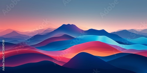 An abstract background features colorful mountains against a dark blue sky, presented in the style of colorful gradients in light magenta and light amber, evoking lively coastal landscapes.
