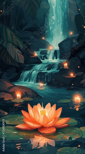 A lotus floats on a river with candles and a waterfall, presented in the style of dark teal and light orange, and filled with light.