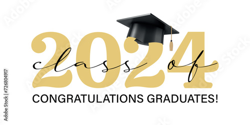 Vector illustration. Class of 2024 badge design template in black and gold colors. Congratulations graduates 2024 banner sticker card with academic hat for high school or college graduation