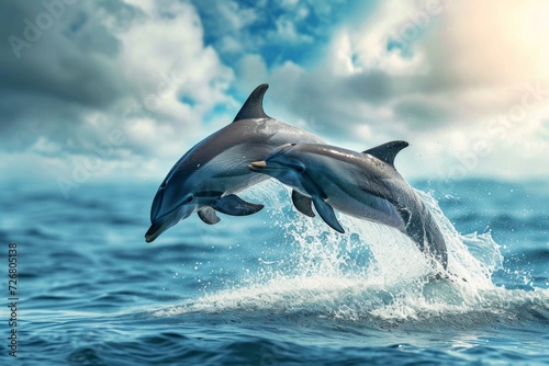 Dolphins jumping above the waves