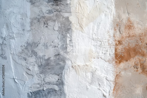 A textured wall with a blend of white, grey, and rust paint strokes, creating an abstract design.