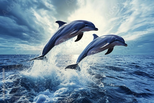 Two dolphins leaping from the ocean