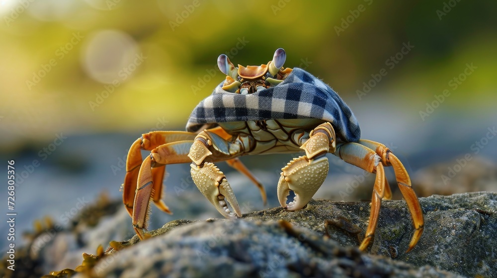 Crab stands on back legs, donning checkered shirt, quirky fashion statement, Ai Generated.