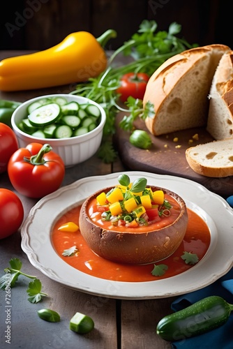 Cold Spanish gazpacho presented in a hollowed bread bowl filled with chopped tomatoes, yellow peppers, cucumber, topped with mustard cress.