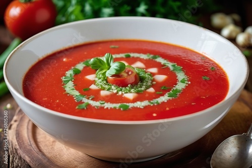 Refreshing bowl of all natural vegan gazpacho decorated with finely minced chives, garlic and drizzled with EVOO.