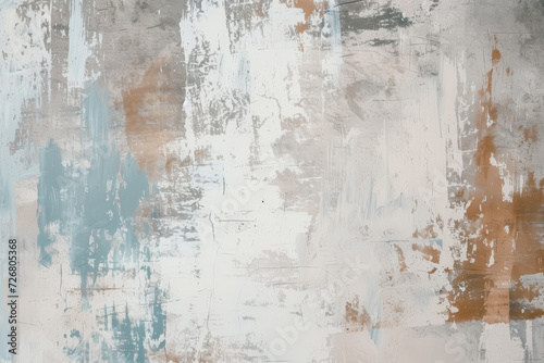 Textured abstract painting with white, rust, and blue brushstrokes and splatters.