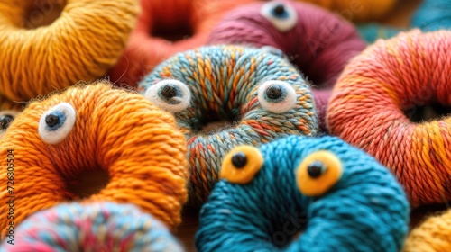A close-up view of a collection of yarn and knitted donuts with expressive eyes, blending creativity and whimsy in a charming composition, Ai Generated. photo