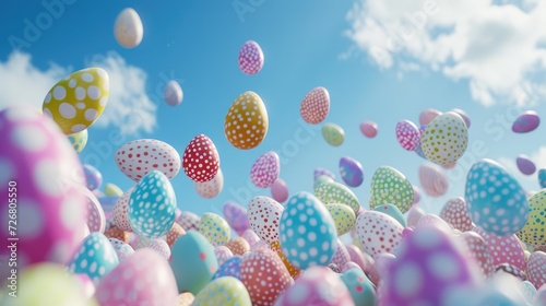 A multitude of colorful eggs soaring through the sky, a whimsical and vibrant spectacle, Ai Generated. © Crazy Juke