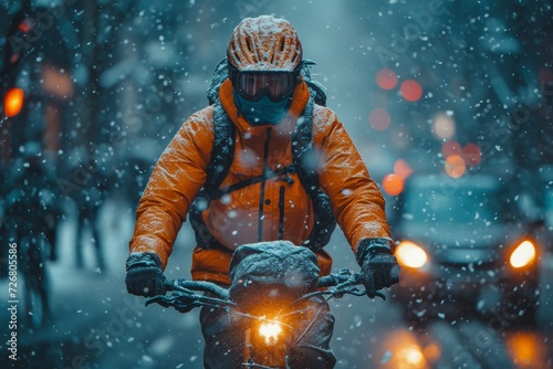 Braving the wintry landscape, a fearless cyclist dons their helmet and takes to the snowy trails, embracing the thrill of outdoor adventure