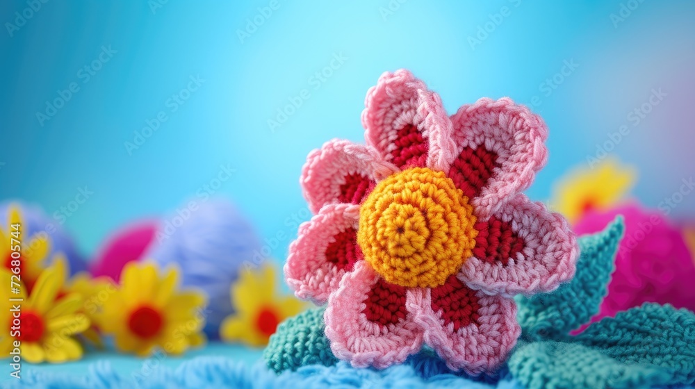 Crocheted flower toy vibrant backdrop, handcrafted and adorable, Ai Generated Crocheted flower toy vibrant backdrop, handcrafted and adorable, Ai Generated