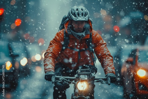 A daring cyclist braves the wintry terrain, donning his helmet as he rides his trusty bike through the snow-covered landscape