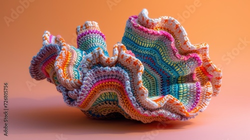 Crocheted giantclam toy vibrant backdrop, handcrafted and adorable, Ai Generated