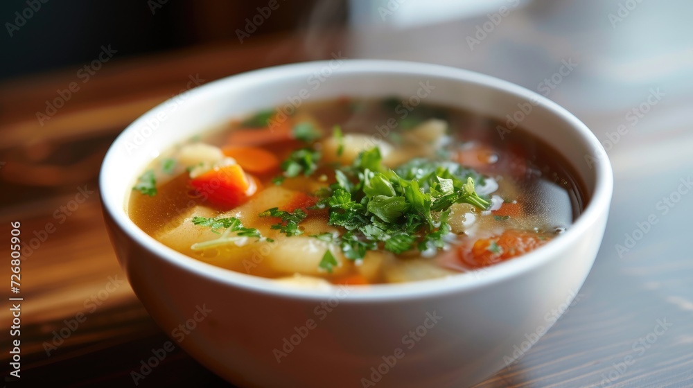 A steaming bowl of soup, hearty and comforting, captured in this image, Ai Generated
