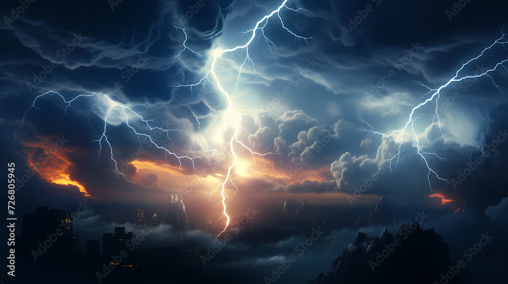 Lightning on the sky, gloomy ominous storm clouds background Lightning on the sky, gloomy ominous storm clouds background