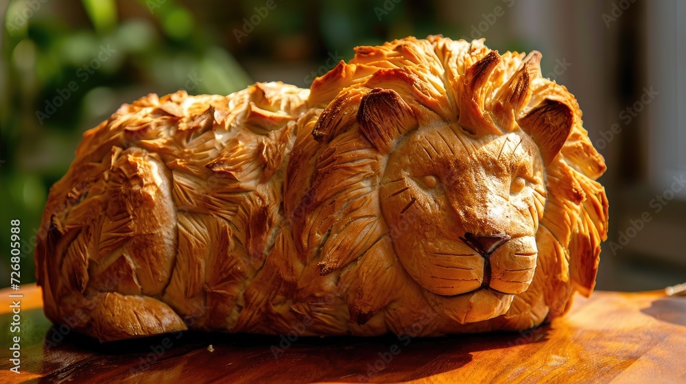 Unique bread loaf resembling an lion resting on a wooden table, Ai Generated